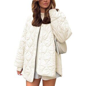 Women's Jacket Puffer Light Beige Clothes Zip Pocket Button Padded Outerwear